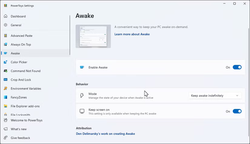 PowerToys application with Awake tab open on Windows 11