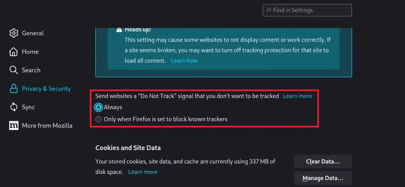 Cấu hình cài đặt bảo mật Do Not Track cho Firefox