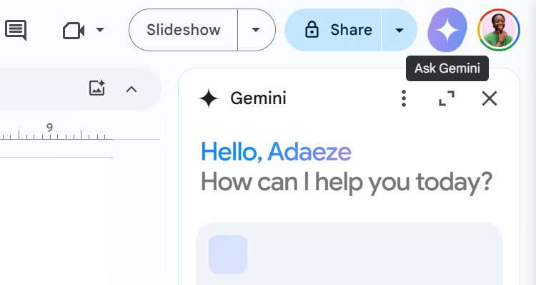 The Ask Gemini and Gemini icons in Google Slides