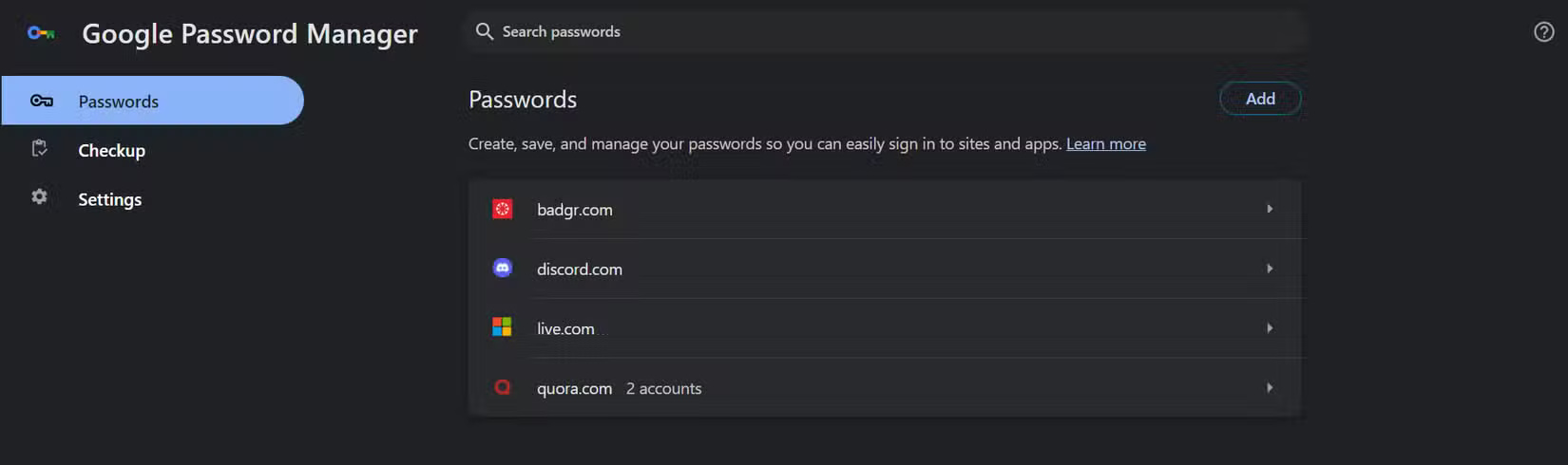 Google Password Manager page on PC