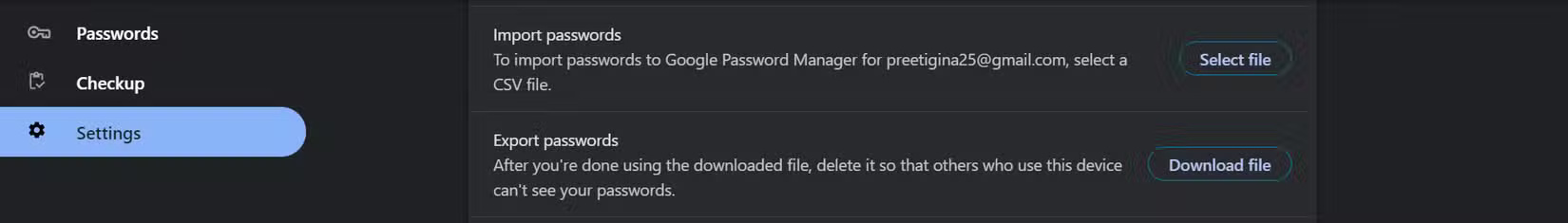 Password import and export features in Google Password Manager settings on PC