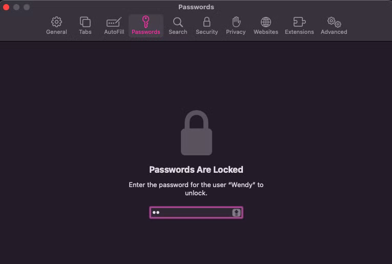 Password prompt in the Passwords bar on iCloud Keychain