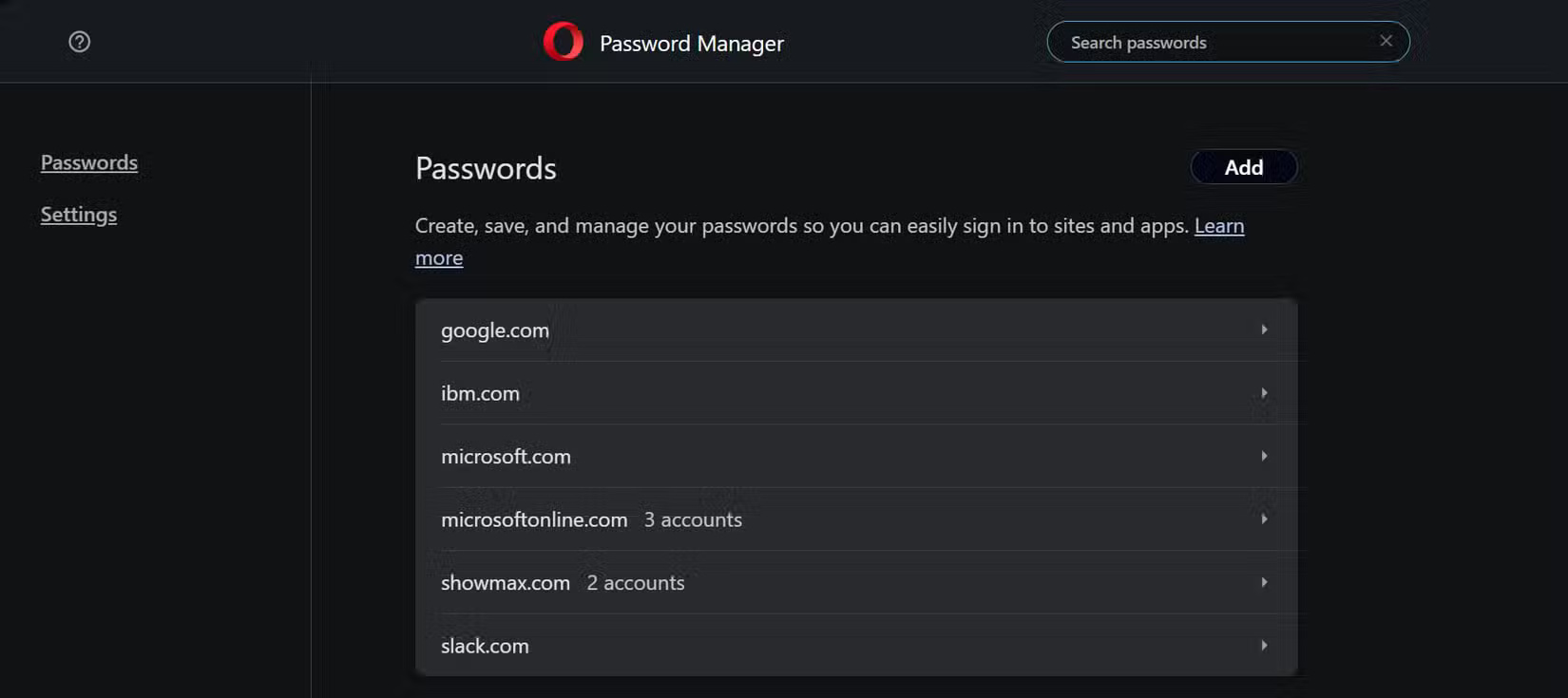 Password management page of Opera browser on PC