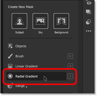Chọn Radial Gradient trong các tùy chọn Masking của Camera Raw