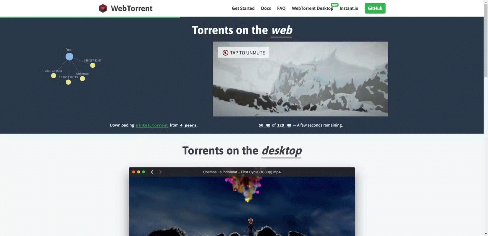 WebTorrent torrent streaming service homepage