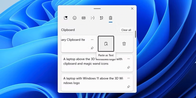 Tùy chọn dán dưới dạng văn bản được highlight trong Windows Clipboard 11
