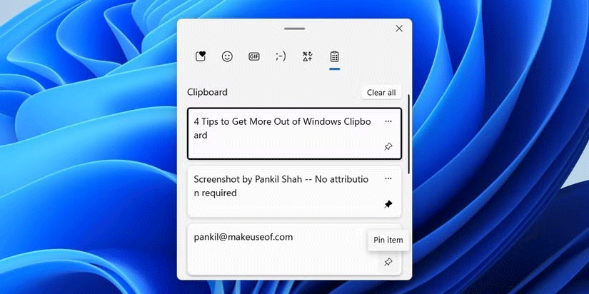Tùy chọn ghim lịch sử clipboard được highlight trong ứng dụng Windows Clipboard 11