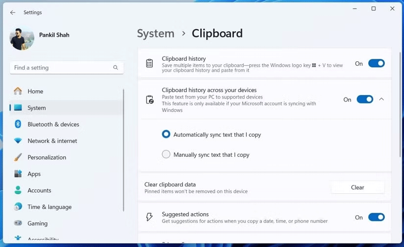 Các tùy chọn Clipboard history trong ứng dụng Settings Windows 11