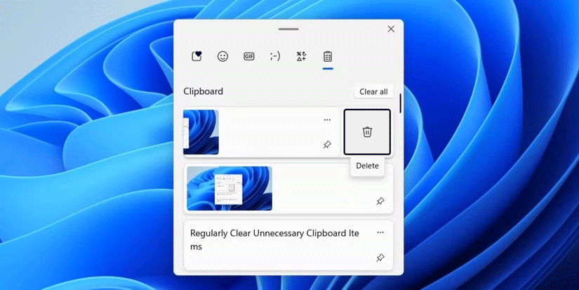 Tùy chọn xóa mục được highlight trong ứng dụng Windows Clipboard