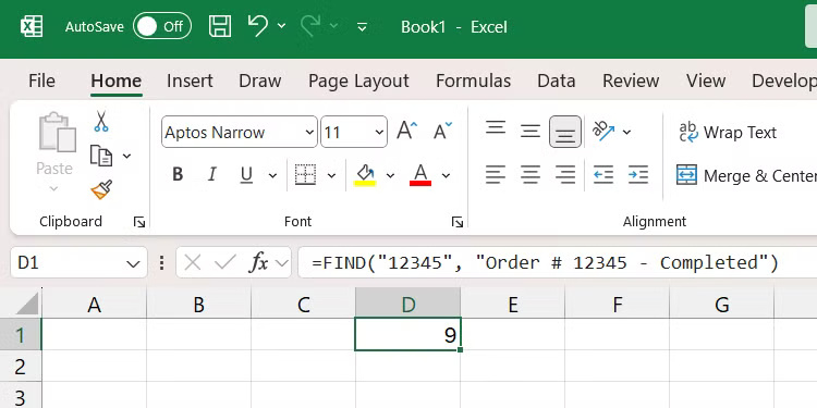 Kết quả của hàm FIND trong Excel trên Windows.