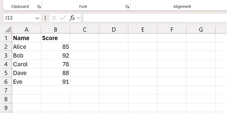 Phạm vi trong Excel hiển thị tên và điểm kiểm tra.