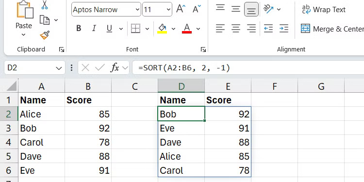 Kết quả của hàm SORT trong Excel trên Windows.