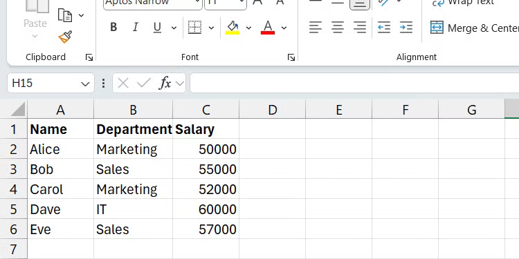 Phạm vi trong Excel hiển thị tên nhân viên, phòng ban họ làm việc và mức lương của họ.