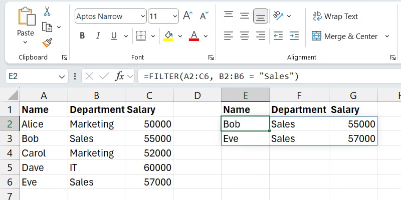 Kết quả của hàm FILTER trong Excel trên Windows.