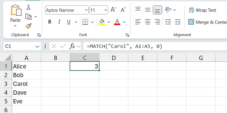 Một phạm vi trong Excel hiển thị các loại trái cây và màu sắc của chúng.