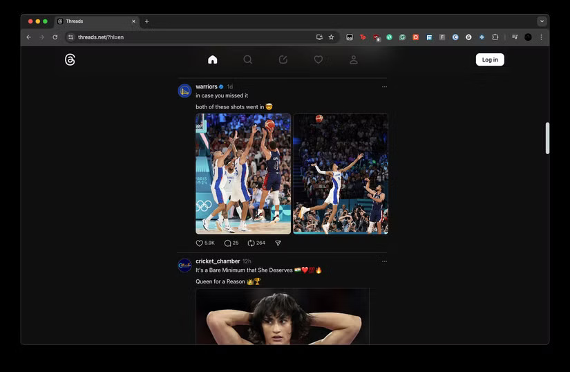 Trang chủ của Threads trên trình duyệt Chrome