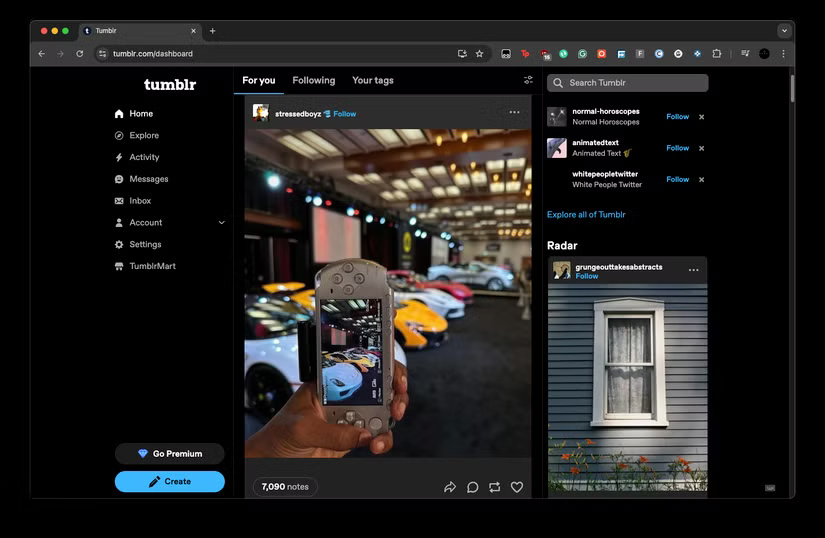Trang chủ Tumblr trên trình duyệt Chrome