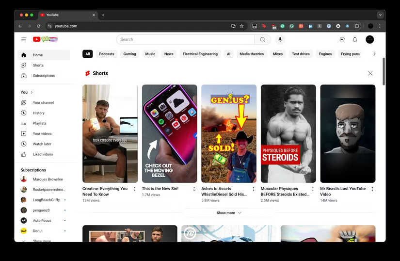 Trang chủ YouTube hiển thị YouTube Shorts