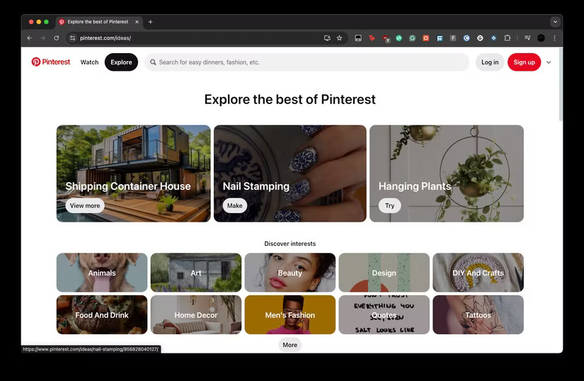 Trang chủ Pinterest với các danh mục khác nhau