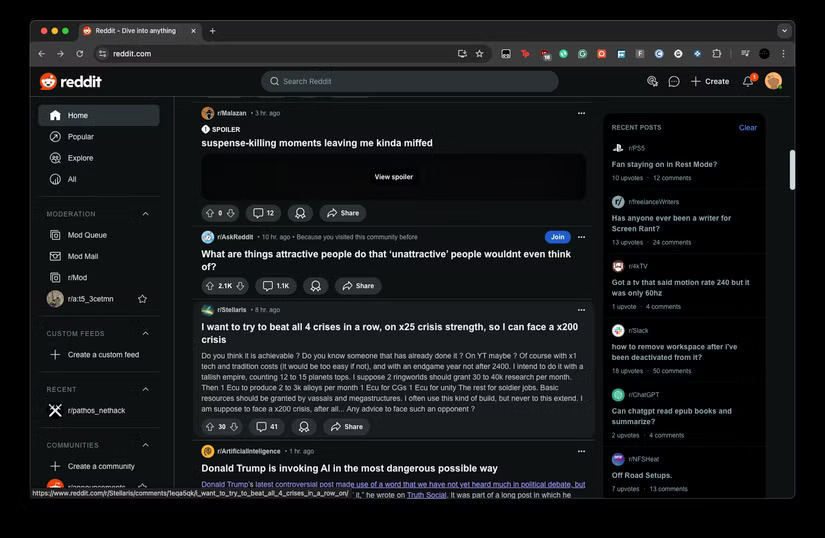 Nguồn cấp dữ liệu Reddit trên trình duyệt web Chrome