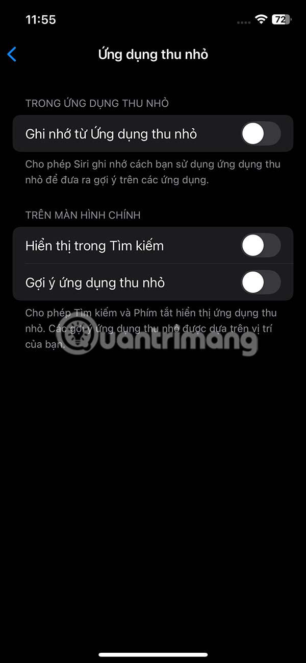 Tắt gợi ý ứng dụng thu nhỏ trên Siri