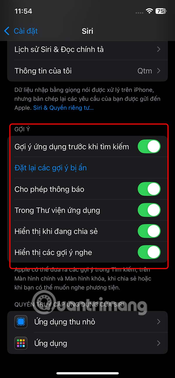 Nội dung gợi ý của Siri