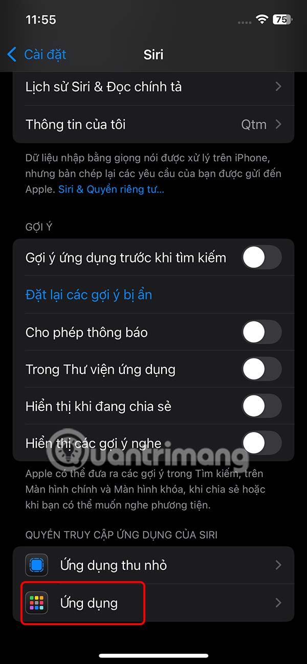 Chỉnh gợi ý ứng dụng cụ thể
