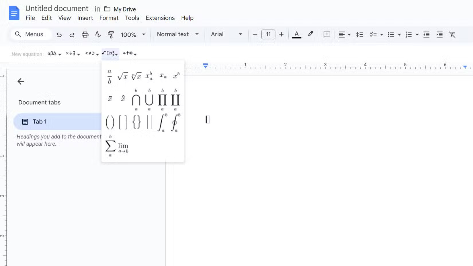 Thanh công cụ trình soạn thảo phương trình trong Google Docs