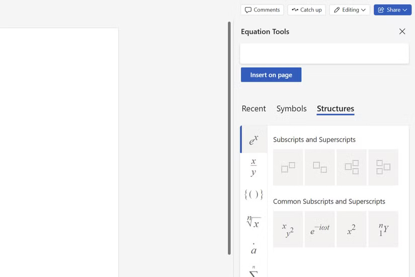 Thanh bên của trình soạn thảo phương trình trong Microsoft Word