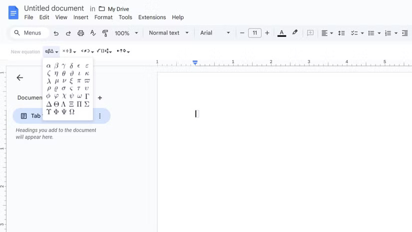 Ký hiệu trong hộp công cụ trình soạn thảo phương trình của Google Docs