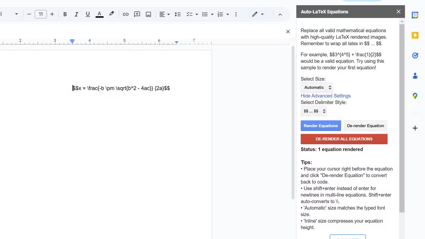Phương trình được viết theo định dạng Latex trong Google Docs
