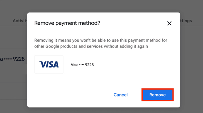 Xác nhận xóa phương thức thanh toán Google