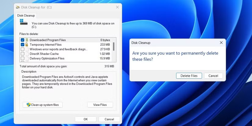 Cửa sổ pop-up Disk Cleanup xác nhận việc xóa các file trong Windows