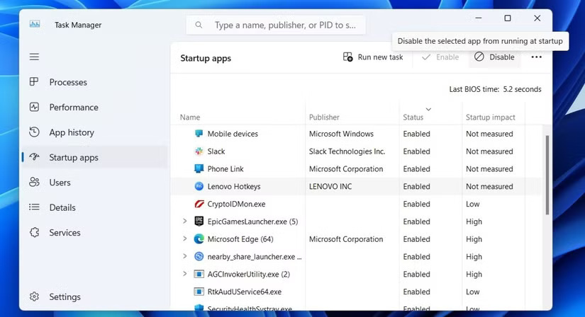 Tab Startup apps trong Task Manager Windows 11