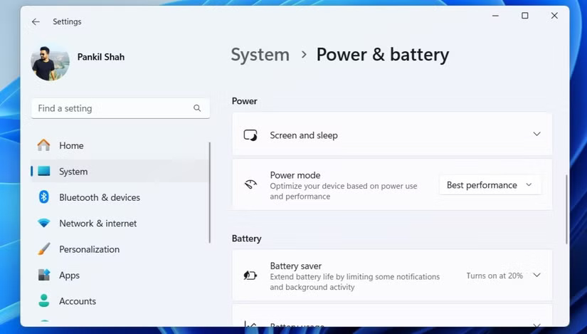 Menu Power & battery trong ứng dụng Settings Windows 11