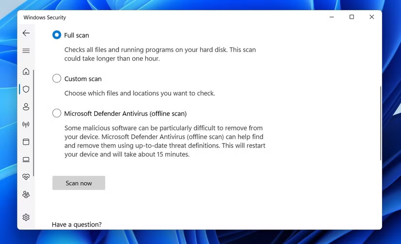 Tùy chọn Full scan trong ứng dụng Windows Security