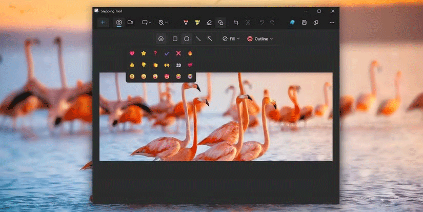 Menu biểu tượng cảm xúc trong tùy chọn Shapes của Snipping Tool trong Windows 11