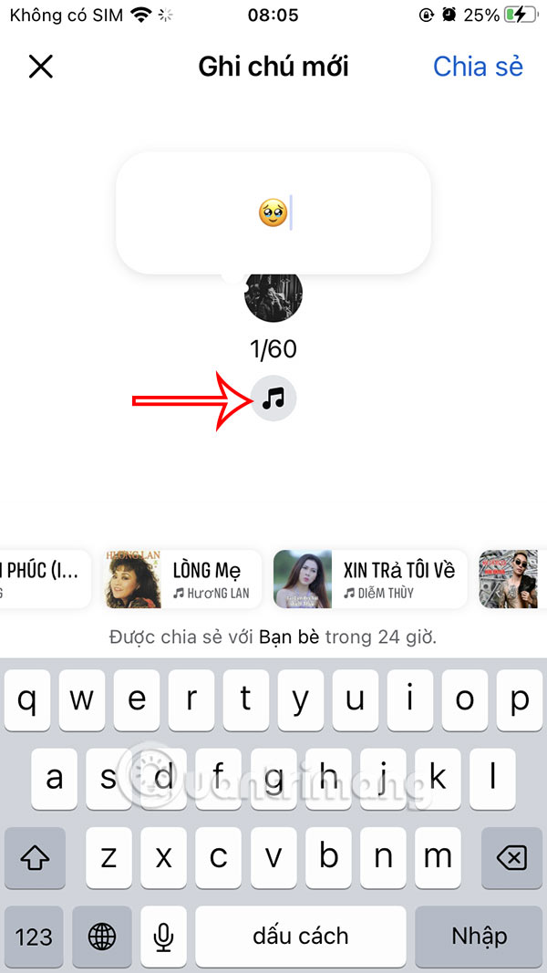 Chọn nhạc chèn ghi chú Messenger