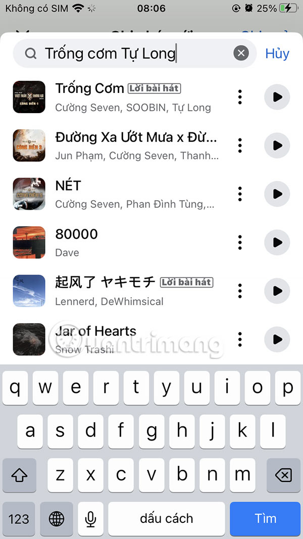 Tìm bài hát chèn ghi chú Messenger