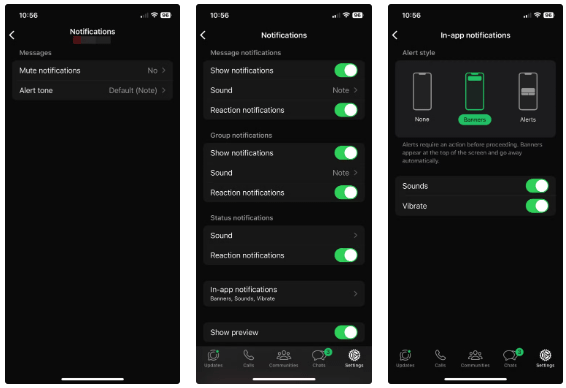 Màn hình cài đặt thông báo trong ứng dụng WhatsApp dành cho iPhone.