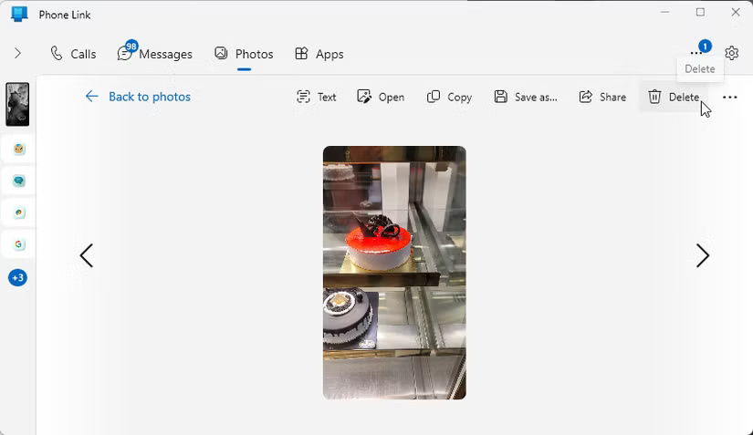 Tab Photos của Phone Link với tùy chọn Delete