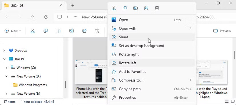 Tính năng Share khi nhấp chuột phải vào file trong File Explorer trên Windows 11