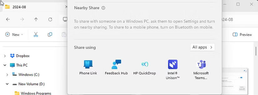 Hộp thoại Share Windows 11 có tùy chọn Phone Link