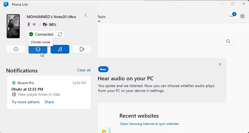Phone Link với cấu hình âm thanh Silent được bật trên Windows 11