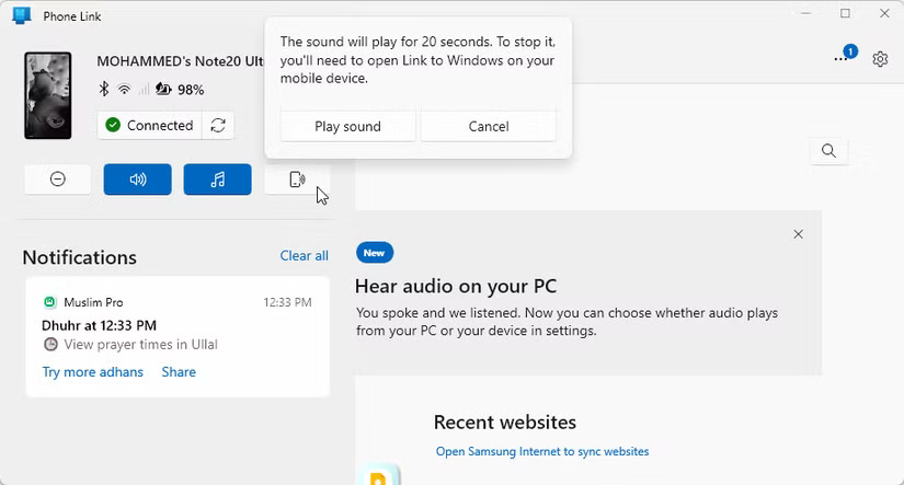 Phone Link với tùy chọn Play sound trên Windows 11