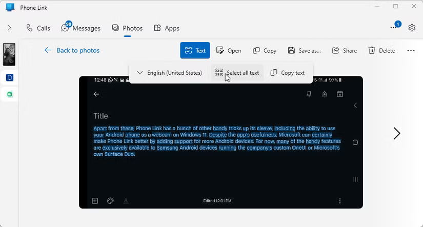 Tab Photos của Phone Link có bật tính năng trích xuất văn bản