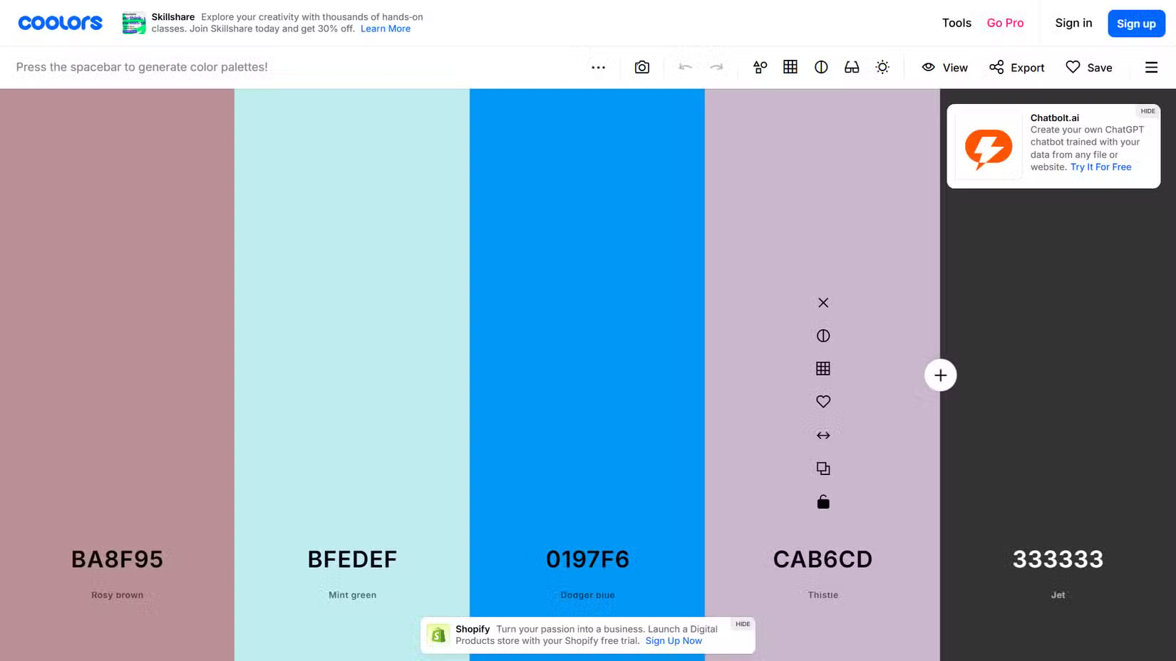 Create color palette in Coolors.