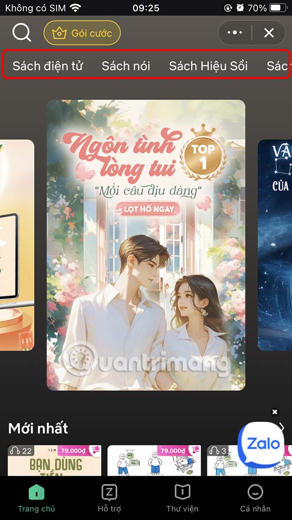 Giao diện đọc truyện trên Zalo