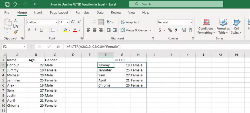 Bảng tính Excel hiển thị cách sử dụng hàm FILTER