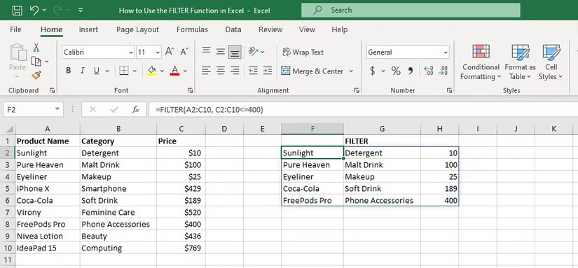 Bảng tính hiển thị công thức FILTER có kết quả trong Excel